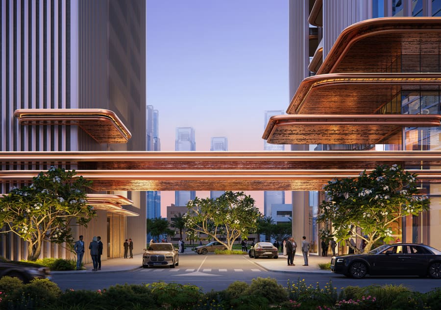 Artist's impression of the landscaped arrival drop-off beneath the tower's copper-toned canopies at dusk
