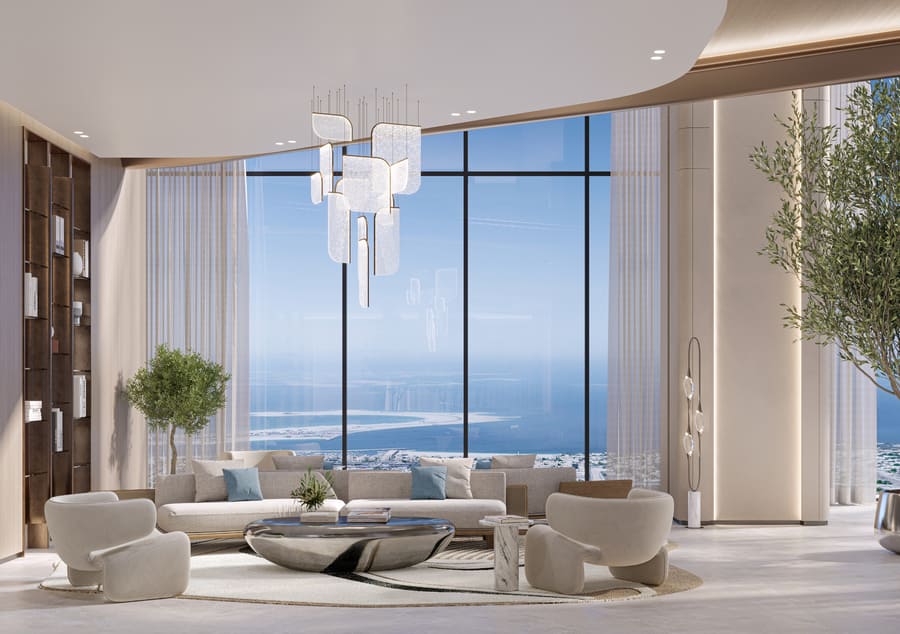 Artist's impression of the co-working lounge with soft seating facing floor-to-ceiling windows over Dubai