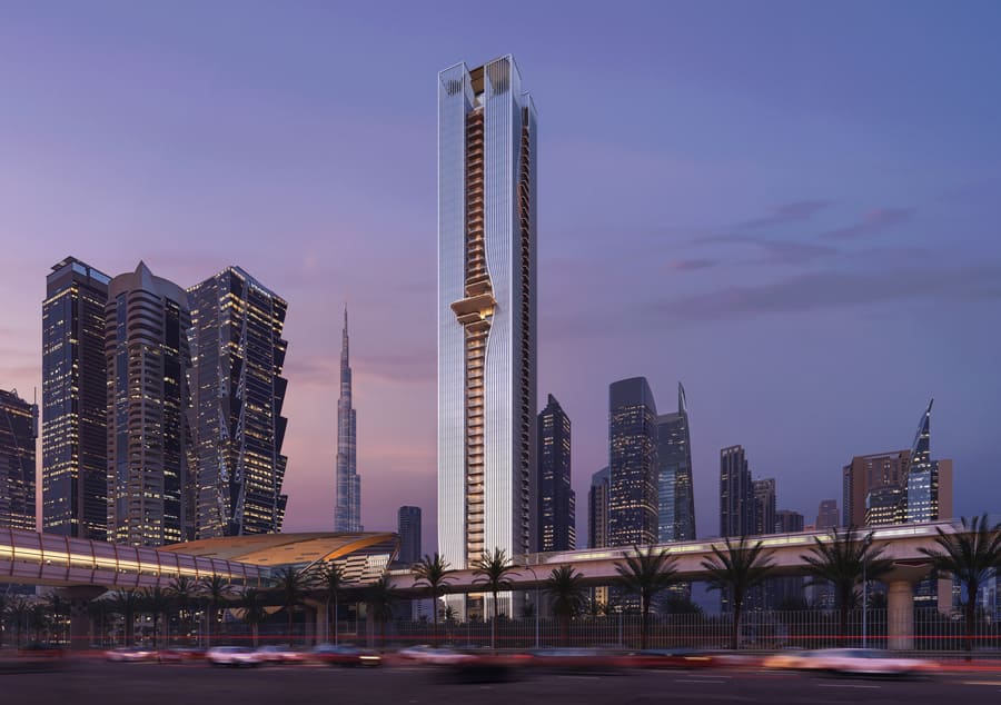 Artist's impression of Berkeley Tower at dusk beside the Metro viaduct on Sheikh Zayed Road, with the Burj Khalifa in the distance