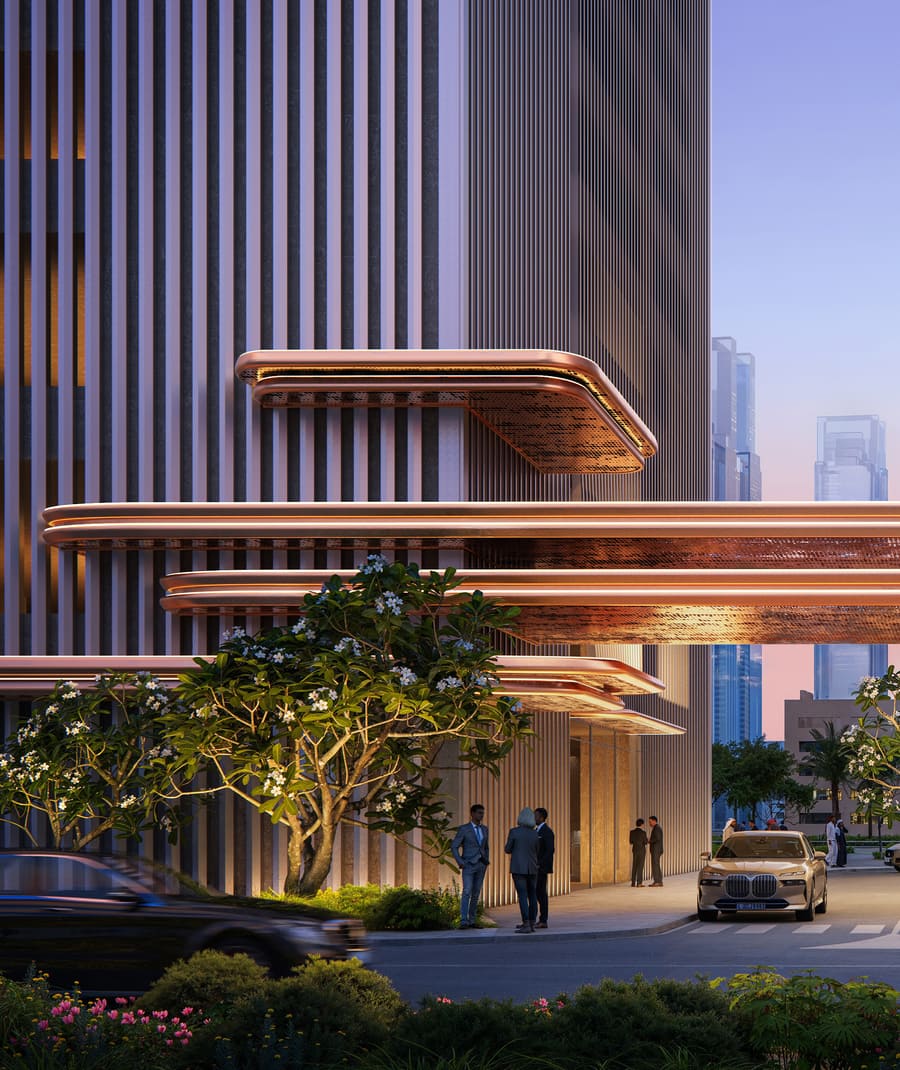 Artist's impression of the tower entrance with layered copper-toned canopies, slender vertical fins and planting