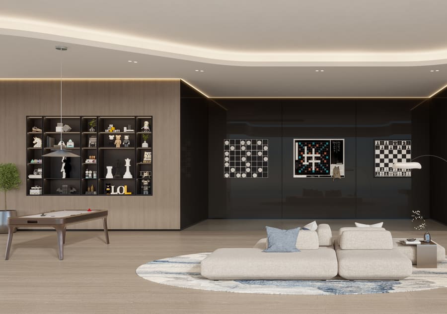 Artist's impression of the games room with a billiards table, wall-mounted board games and lounge seating
