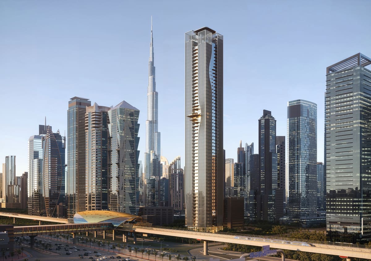 Artist's impression of Berkeley Tower in daylight beside the Business Bay Metro viaduct on Sheikh Zayed Road, with the Burj Khalifa behind