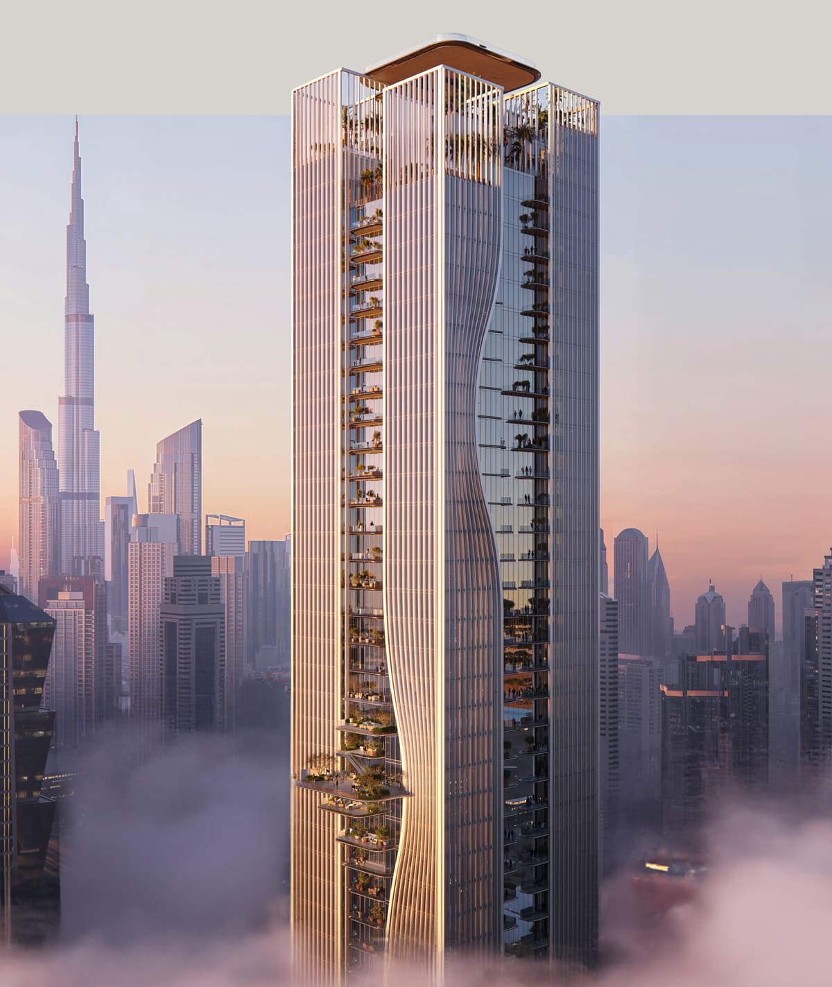 Artist's impression of Berkeley Tower at dusk, rising above low cloud with the Burj Khalifa and Business Bay skyline behind