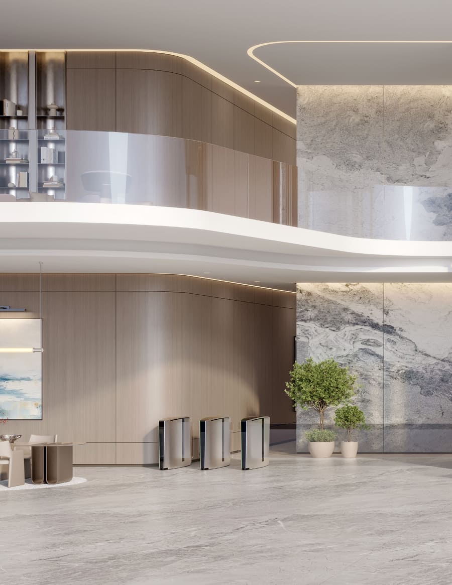 Artist's impression of the double-height ground-floor lobby with a curved mezzanine, stone-clad walls and access gates