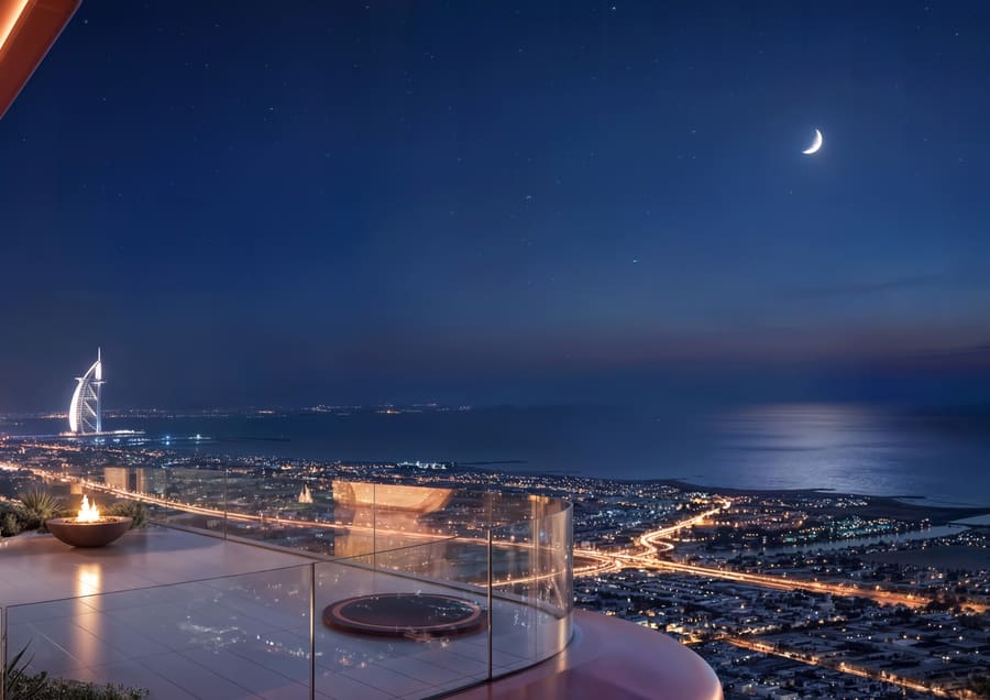Artist's impression of a glass-balustraded terrace at night with a fire bowl and the Dubai coastline beyond