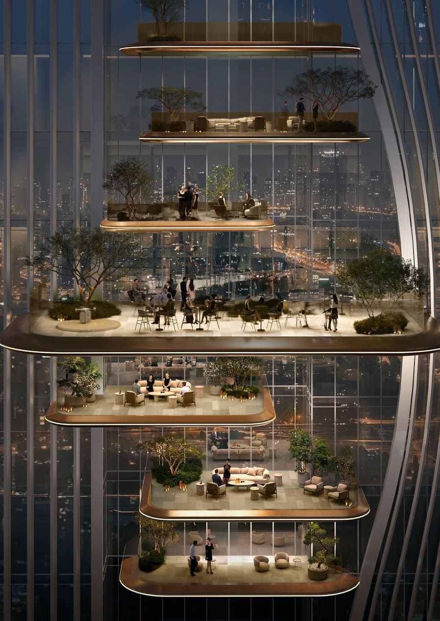 Artist's impression of landscaped terraces stacked behind the tower's glazed, louvred facade at night