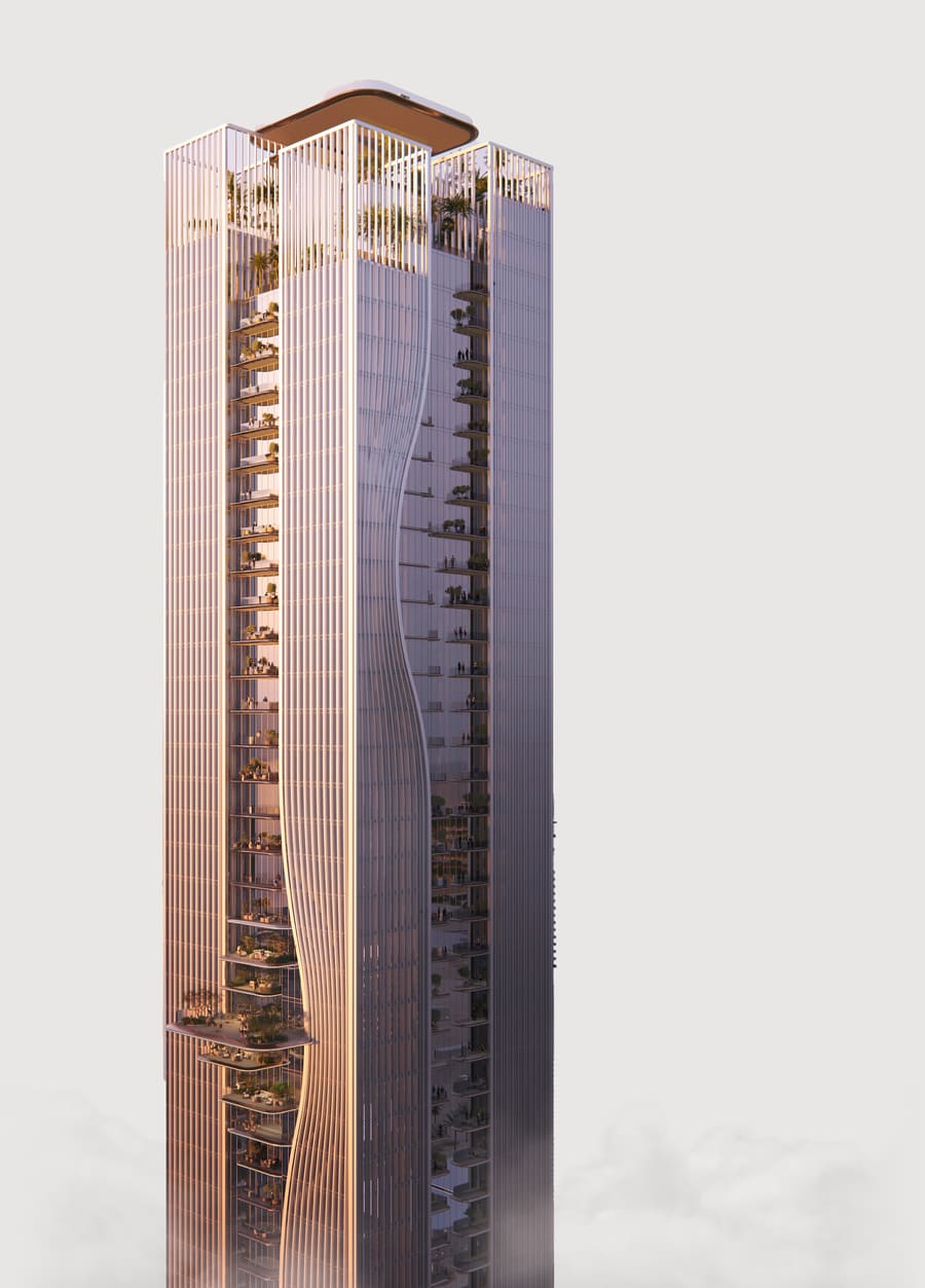 Artist's impression of Berkeley Tower's louvred glass facade, planted terraces and copper-toned crown, rising from cloud