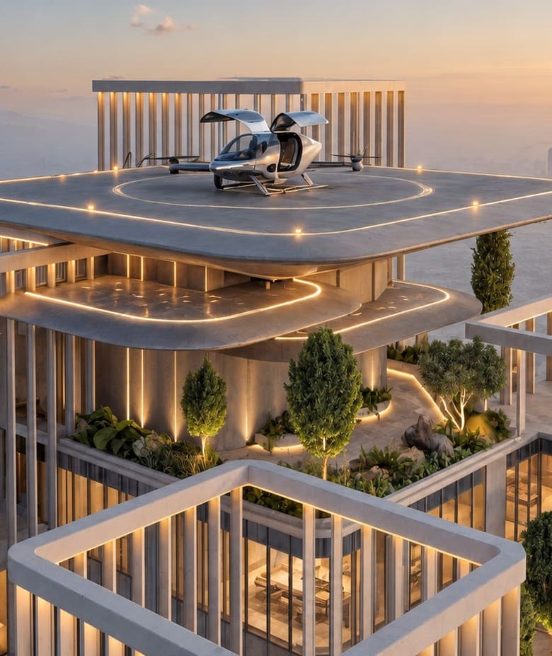 Artist's impression of a rooftop vertiport with an air taxi on the landing pad